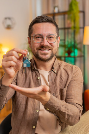 Young Caucasian businessman real estate agent lifting hand showing the keys of new home house apartment, buying renting property, mortgage loan at home office workplace. Happy freelancer broker man.の写真素材