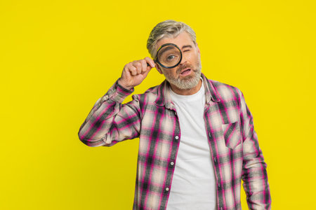Investigator researcher scientist middle-aged mature man holding magnifying glass near face looking into camera with big zoomed funny eye searching analyzing. Adult guy isolated on yellow backgroundの写真素材