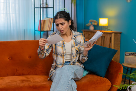 Indian young woman sitting on sofa reading bills and receipts, looking confused, stressed and worried. Arabian girl experiencing tension, financial concerns, visibly anxious about money expensesの写真素材