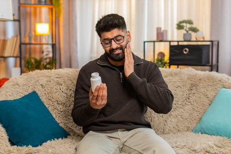 Indian man at home holds cheek with painful face looking for painkillers due to strong dental discomfort. Arabian guy on sofa reacts to toothache feeling unwell and stressed by aching health conditionの写真素材