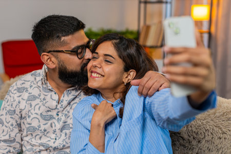 Indian couple man and woman sitting on home sofa and taking selfie on smartphone while smiling, man...
