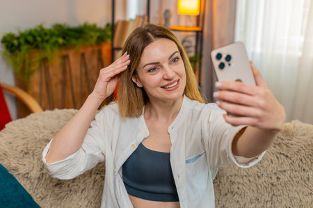 Middle-aged woman poses for selfie on smartphone at home, smiling and holding camera with cheerful expression. Young adult girl enjoys fun moment, sharing happiness and self-confidence through photo.の写真素材