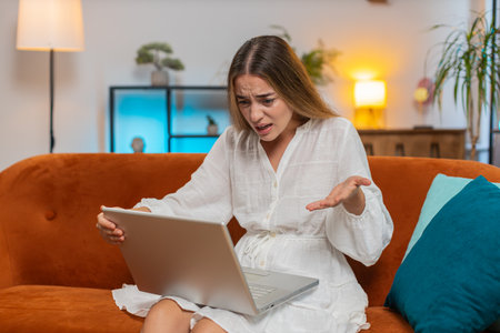 Upset young woman sitting on sofa at home using laptop having anxiety and stress. Shocked Caucasian...