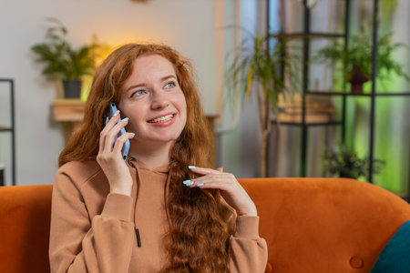 Smiling young Caucasian girl making phone conversation with friends sitting on sofa couch at home in...