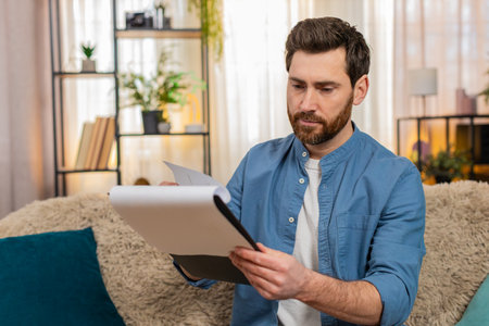 Man at home sits on the sofa, anxiously flipping through bills and documents searching for something...