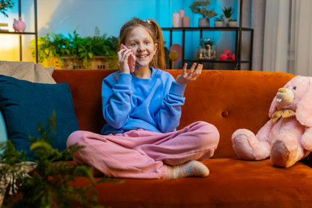 Phone call, good news, gossip. Happy surprised preteen child girl in pleasant conversation on smartphone, enjoying talking with friend. Teenager female kid at home night living room apartment on sofaの写真素材