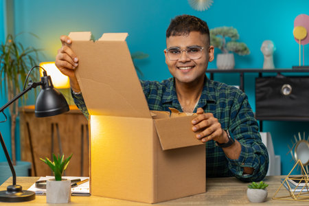 Happy Indian man unpacking delivery parcel. Smiling satisfied guy shopper online shop customer opening cardboard box receiving purchase gift by fast postal shipping at home office desk. Lifestylesの写真素材