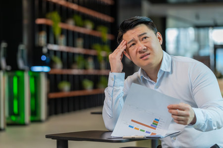 Frustrated upset young Chinese businessman works in modern office lobby looking at bills paperwork reports documents gets angry, financial problem. Stresses Korean man guy manager in suit in hall.の写真素材