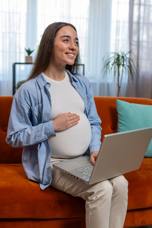 Happy pregnant woman touching belly while using laptop computer sitting on sofa in living room at home. Future mother communicating online browsing internet social media. Pregnancy and job. Verticalの写真素材