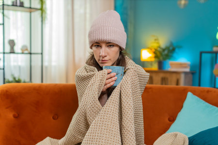 Young woman covered by warm blanket drinks coffee at home. Caucasian lady freezes from the cold. Sick girl with flu symptoms covered with blanket warms up with hot tea at home.の写真素材