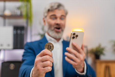 Middle-aged businessman at home office scrolls smartphone crypto feed sees big bitcoin rally excitement. Freelancer guy at table gestures upward showing bullish outlook ready to invest more funds now.の写真素材