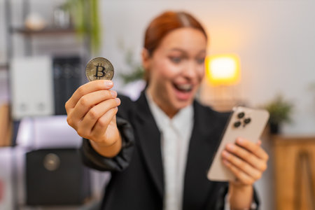Young businesswoman at home office checks bitcoin chart on smartphone gasps then cheers at sudden surge and profit. Freelancer girl at table swipes finger celebrating investment rise and future gainの写真素材