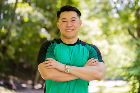 Portrait outdoors Japanese sport man athlete guy happy sporty healthy lifestyle posing outside in...