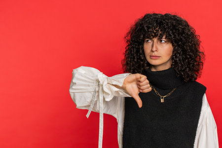 Dislike. Upset unhappy Caucasian woman showing thumbs down sign gesture, expressing discontent, disapproval, dissatisfied negative feedback. Pretty beautiful girl indoors isolated on red backgroundの写真素材