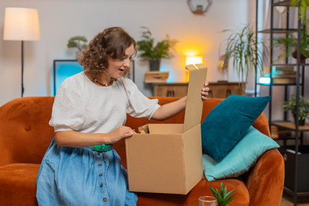 Happy young adult woman unpacking delivery parcel sitting at home on sofa. Smiling satisfied girl shopper online shop customer opening cardboard box receiving purchase gift by fast postal shipping.の写真素材