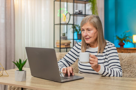Mature woman working from home on laptop, writing report or replying to emails. Grandmother sitting...