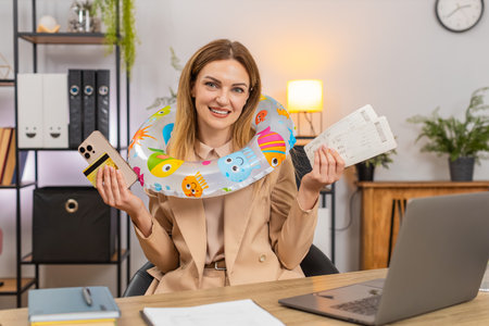 Middle-aged businesswoman at home office buys tickets via smartphone credit card smiles ends work on laptop. Freelancer girl at table puts swim ring on head plans beach packs list is ready to travel.の写真素材