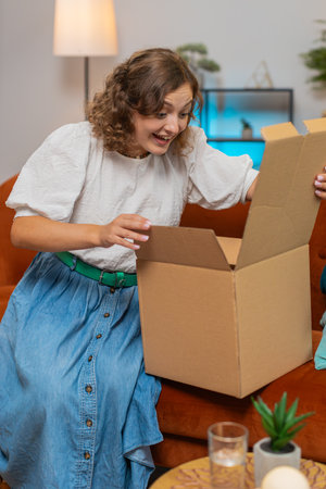 Happy young woman unpacking delivery parcel sitting at home on sofa. Smiling satisfied girl shopper online shop customer opening cardboard box receiving purchase gift by fast postal shipping. Verticalの写真素材
