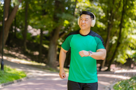 Active sportsman jogging training marathon run, listening to music in wireless headphones. Workout cardio outside in park in morning. Young guy enjoying healthy lifestyle. Japanese athlete jogger.の写真素材