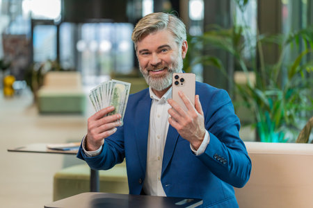 Successful happy rich mature businessman holding smartphone and counting dollar bill money fan sitting in office lobby. Happy Caucasian bearded guy winning online lottery game. Calculating budget.の写真素材