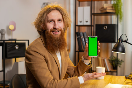 Caucasian bearded businessman holding smartphone with green screen chroma key mock up recommend good application promotional sale offer. Freelancer redhead guy at home office table looking at camera.の写真素材