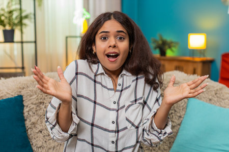 Indian woman at home gets unexpected news places hands on cheeks eyes open showing shock surprise wonder. Arabian girl on sofa freezes mouth open wow big emotion disbelief reaction to sudden update.の写真素材