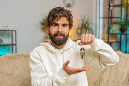 Happy man real estate agent lifting hand showing the keys of new home house apartment, buying or...