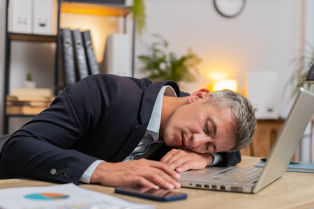 Bored sleepy businessman working on laptop computer leaning on hand sleeps at home office desk....