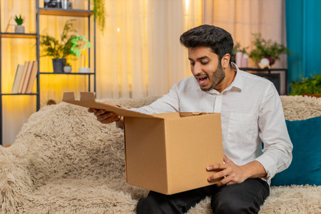 Happy man at home opening a delivered package, smiling with excitement while unboxing. Guy sitting...