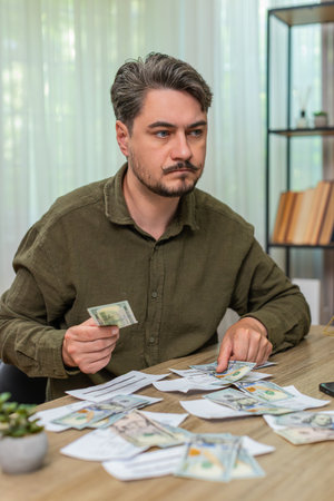 Middle-aged man at home reviews bills counts cash piles feeling anxious about high costs rising. Young adult guy at table sorts money with papers calculating debt worrying about future payment stressの写真素材