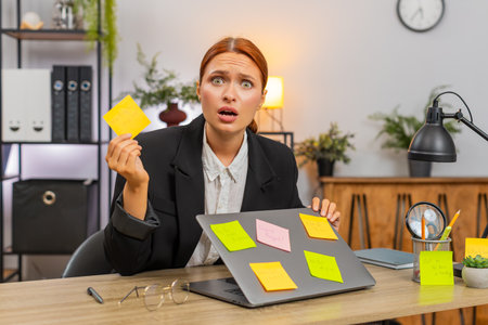 Young businesswoman at home office stares at sticky note covered laptop stressed by piling chores....