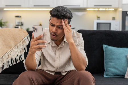 Man at home plays mobile game loses round makes facepalm upset yet ready for rematch. Guy on sofa...