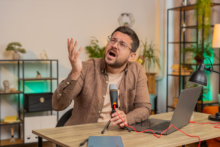 Young positive Caucasian man blogger singer in glasses using laptop computer while singing into microphone and makes rhythmic movements with hand, sitting at table in living room at home apartment.の写真素材