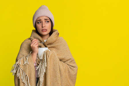 Young woman wrapped in blanket and wearing hat adds honey to tea and slowly drinks, caring for sore throat. Girl on yellow background shows warm self-care routine for health recovery and comfort.の写真素材