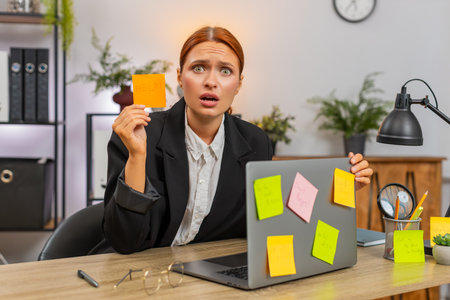 Young businesswoman at home office stares at sticky note covered laptop stressed by piling chores. Freelancer girl at table rips notes away fearing unfinished goals and racing clock before day endsの写真素材