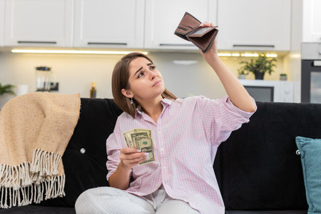 Young woman at home looks inside wallet sees small cash dollars and frowns. Caucasian girl on sofa...