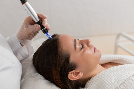 Alopecia. Woman hair loss treatment regeneration. Trichologist cosmetologist doctor applies vitamin...