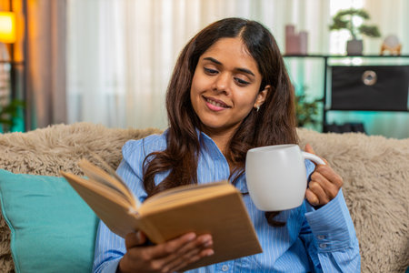 Young woman enjoys morning coffee while reading book on home sofa, feeling calm and thoughtful. Girl...
