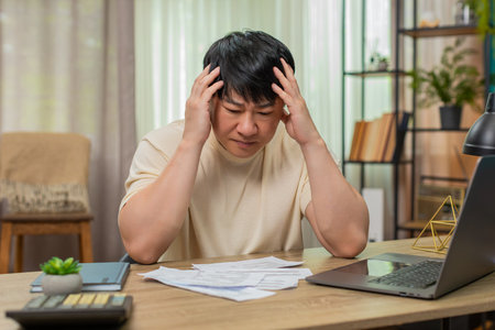 Asian man sitting at home table holds his head with stress, looking at scattered unpaid bills. Chinese guy shows worry and pressure, bills, laptop and calculator covering his cluttered work area.の写真素材