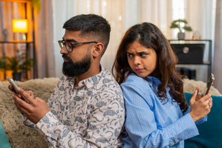Couple man and woman sitting on home sofa back to back with smartphones, smiling and watching funny videos. Young family enjoying social media content, laughing and chatting playfully indoors.の写真素材