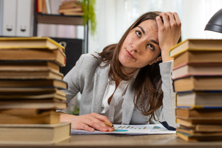 Exhausted Caucasian businesswoman looking at documents reports while working hard at home office...