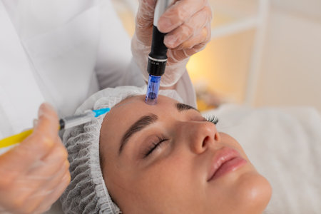 Peeling, woman health care, skin regeneration, dermapen microneedling, dermastamp. Beautician...
