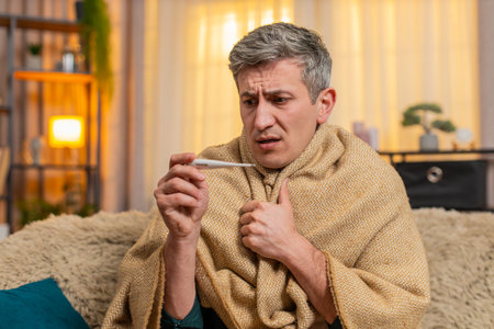 Young man at home measures body temperature with electronic thermometer while looking anxious....
