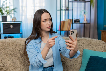 Young woman at home sitting on sofa irritated and emotionally arguing over video call, waving hand angrily. Caucasian girl expressing frustration, conflict, disagreement and stressed emotion. Quarrelの写真素材