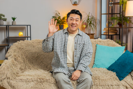 Happy middle-aged man smiling friendly at camera and waving hands gesturing hello, hi, greeting talking while sitting on sofa couch in living room at home. Happy guy recording vlog at home.の写真素材