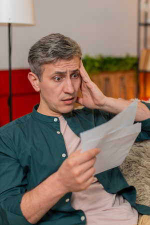 Young sad man at home opens envelope and sees credit bill, wipes forehead and frowns. Caucasian...