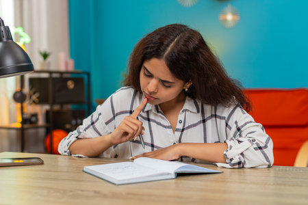 Woman at home writes notes in notebook then rereads lines showing careful focus and learning. Girl...