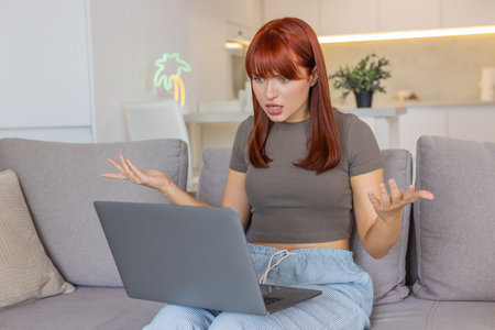 Young woman at home hits laptop freeze virus glitch causes crash feels despair stress and anger....