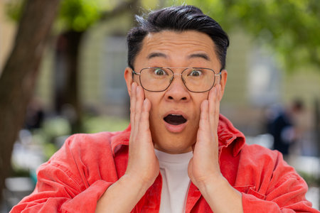 Asian middle-aged man looking surprised at camera with big open eyes shocked by victory game...