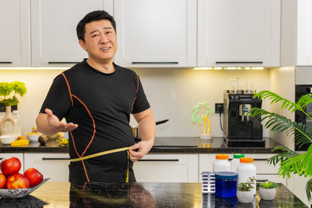 Overweight Asian man in home kitchen measures waist with tape and looks frustrated about big belly...